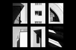 Séria šiestich čierno-bielych fotografií detailov architektúry využívajúcich hru svetla a tieňa.